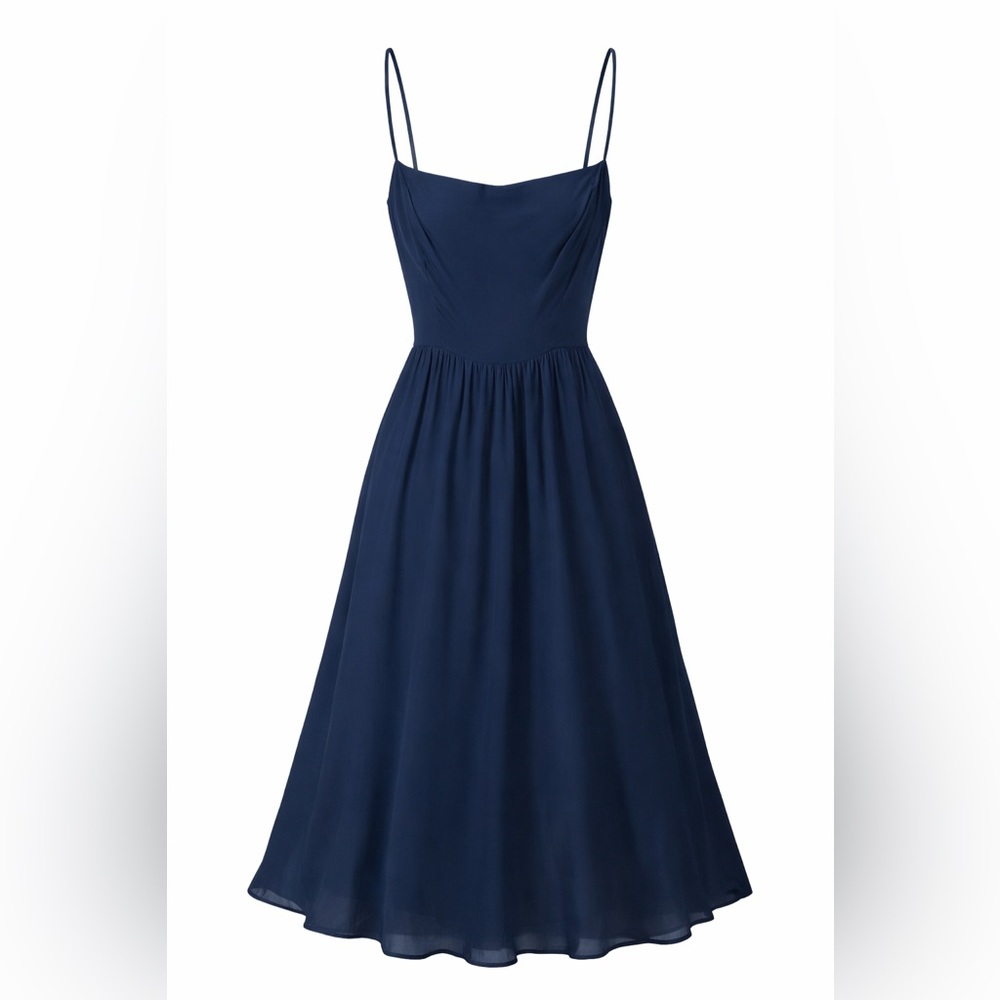 Reformation Rosehip Navy Midi Dress Women's 0 Smocked Back Viscose Minimalist